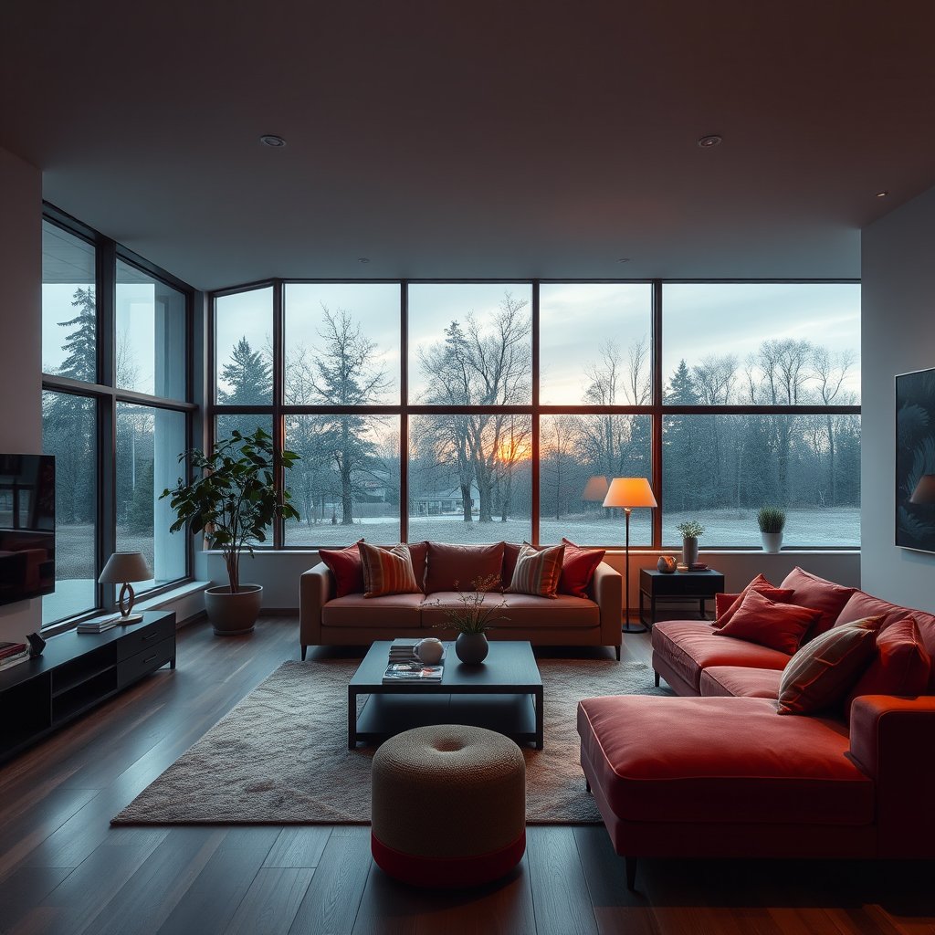 a cozy minimalist living room with large windows, cinematic lighting, vibrant colors, dramatic atmosphere