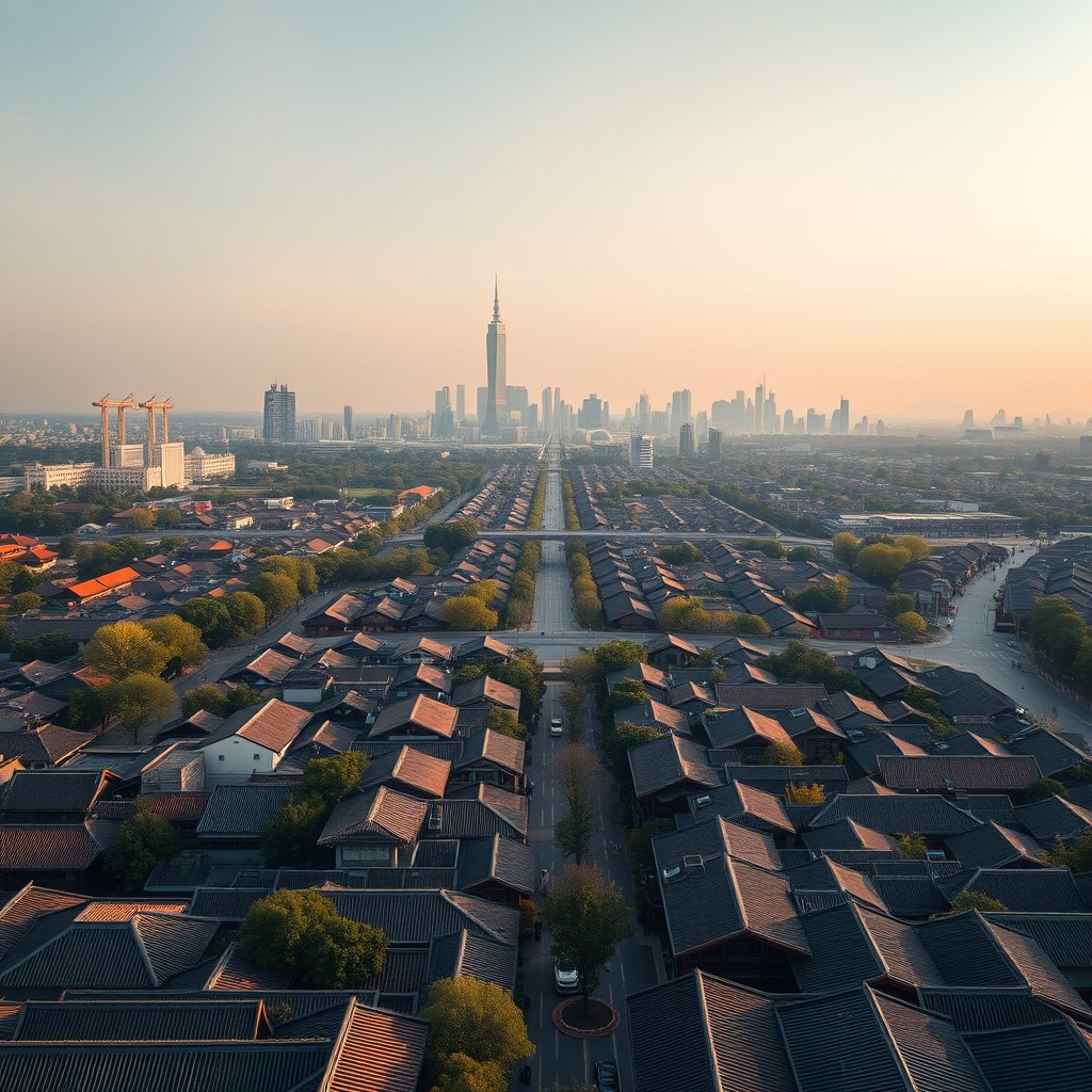 Photorealistic civilian drone aerial photo of Beijing, with hutong roof patterns, tree-lined avenues and a restrained modern skyline. 45-degree oblique drone view, rooftops, roads and a layered skyline, soft morning daylight. Realistic Chinese architecture and terrain, believable scale. Conceptual, not onsite. No close people, aircraft, readable signs, text, logo, watermark, fantasy or extreme HDR., ultra realistic, crisp details, studio quality