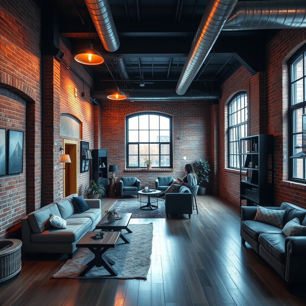 an industrial loft apartment with exposed brick walls, cinematic lighting, vibrant colors, dramatic atmosphere