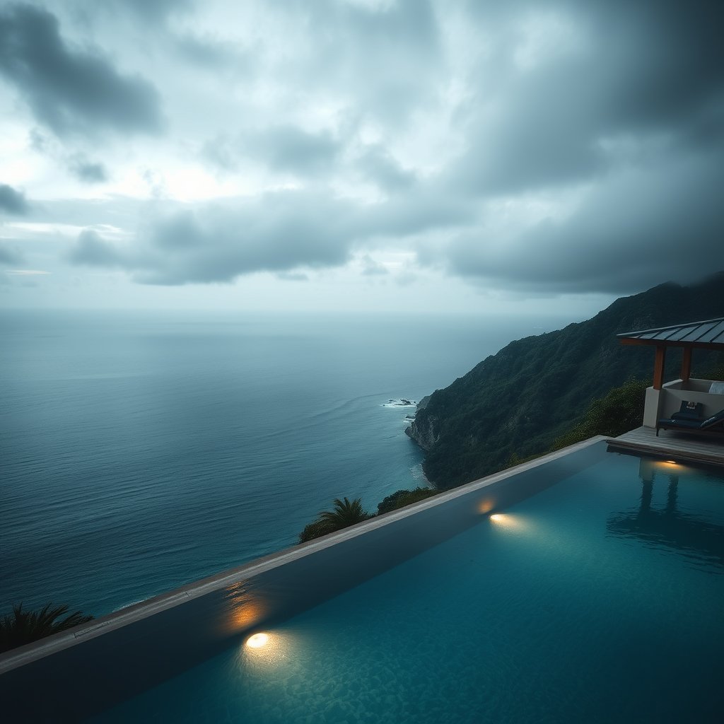 a beautiful infinity pool overlooking the ocean, moody lighting, high contrast, fine art photography