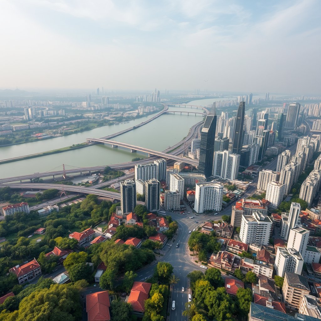 Photorealistic civilian drone aerial photo of Guangzhou, with subtropical greenery, Pearl River waterfront, bridges and a dense southern Chinese skyline. 45-degree oblique drone view, rooftops, roads and a layered skyline, soft morning daylight. Realistic Chinese architecture and terrain, believable scale. Conceptual, not onsite. No close people, aircraft, readable signs, text, logo, watermark, fantasy or extreme HDR., highly detailed, 8k, professional photography, sharp focus