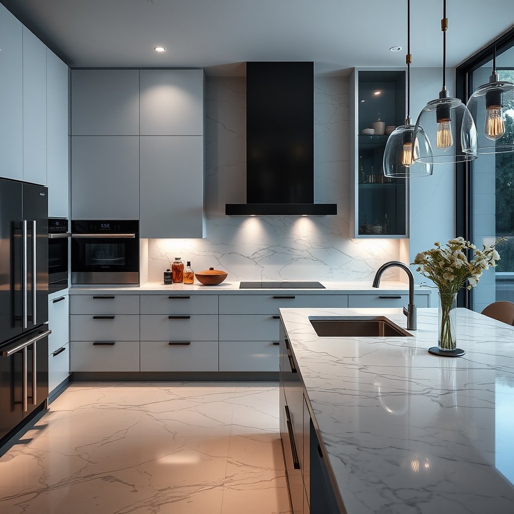 a luxurious modern kitchen with marble countertops, moody lighting, high contrast, fine art photography