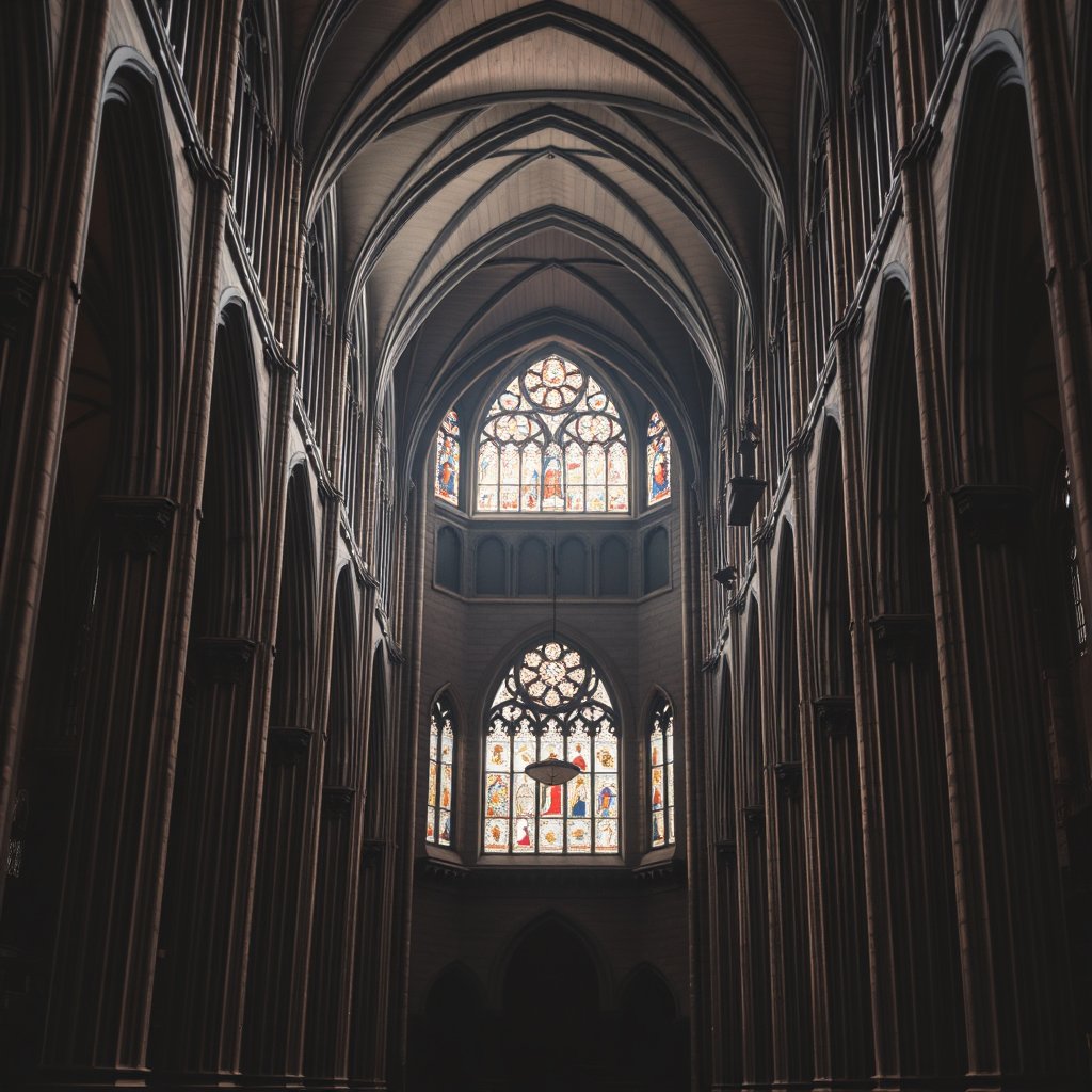 a grand cathedral interior with stained glass windows, moody lighting, high contrast, fine art photography