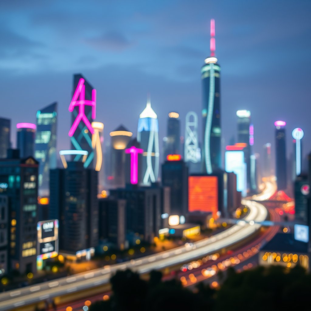 a futuristic city skyline at night with neon lights, soft natural light, shallow depth of field, bokeh