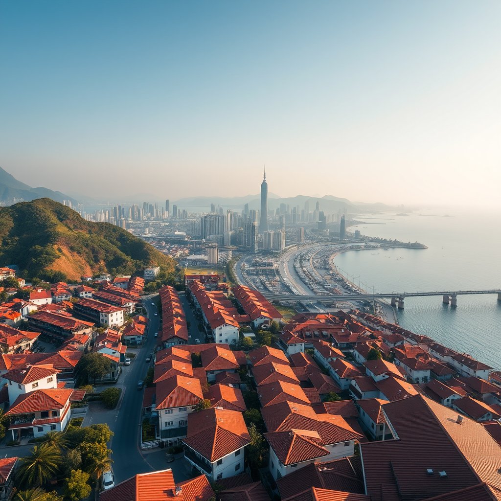 Photorealistic civilian drone aerial photo of Qingdao, with coastal hills, red-roof neighborhoods, blue sea and modern waterfront towers. 45-degree oblique drone view, rooftops, roads and a layered skyline, soft morning daylight. Realistic Chinese architecture and terrain, believable scale. Conceptual, not onsite. No close people, aircraft, readable signs, text, logo, watermark, fantasy or extreme HDR., cinematic lighting, vibrant colors, dramatic atmosphere