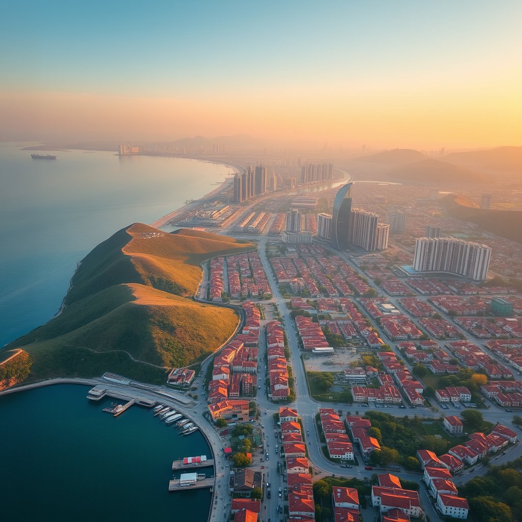 Photorealistic civilian drone aerial photo of Qingdao, with coastal hills, red-roof neighborhoods, blue sea and modern waterfront towers. high wide drone panorama, neighborhoods, landscape and skyline, happy golden-hour light. Realistic Chinese architecture and terrain, believable scale. Conceptual, not onsite. No close people, aircraft, readable signs, text, logo, watermark, fantasy or extreme HDR., minimalist composition, clean background, elegant