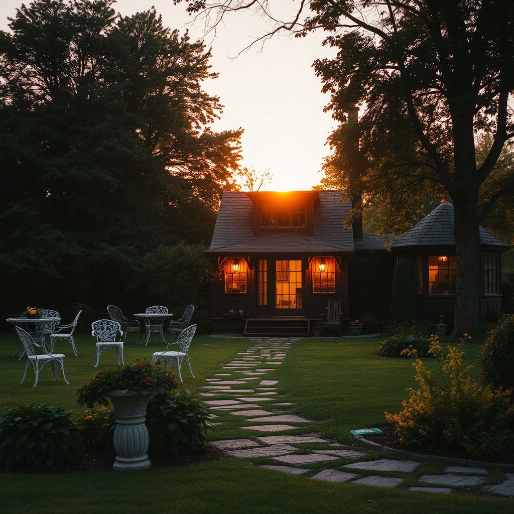 Old private house outdoor, golden hour lighting, warm tones, atmospheric
