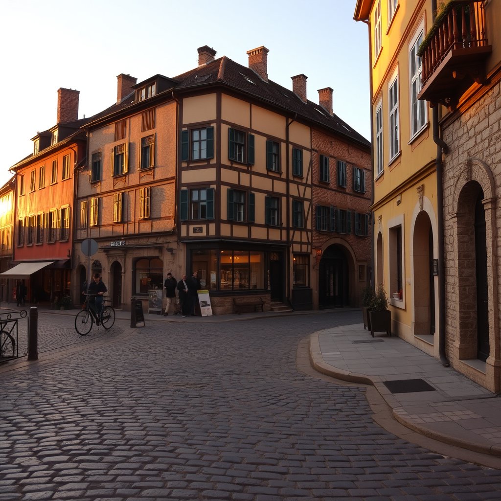 an old european cobblestone street with historic buildings, golden hour lighting, warm tones, atmospheric