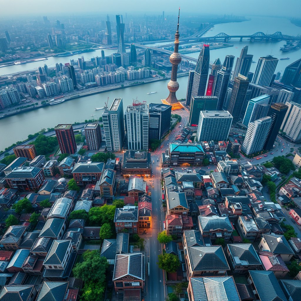 Photorealistic civilian drone aerial photo of Shanghai, with dense urban blocks, riverfront skyline, old lane houses and modern towers. near-vertical top-down drone view, geometric streets, roofs, vegetation and water, natural midday light. Realistic Chinese architecture and terrain, believable scale. Conceptual, not onsite. No close people, aircraft, readable signs, text, logo, watermark, fantasy or extreme HDR., cinematic lighting, vibrant colors, dramatic atmosphere