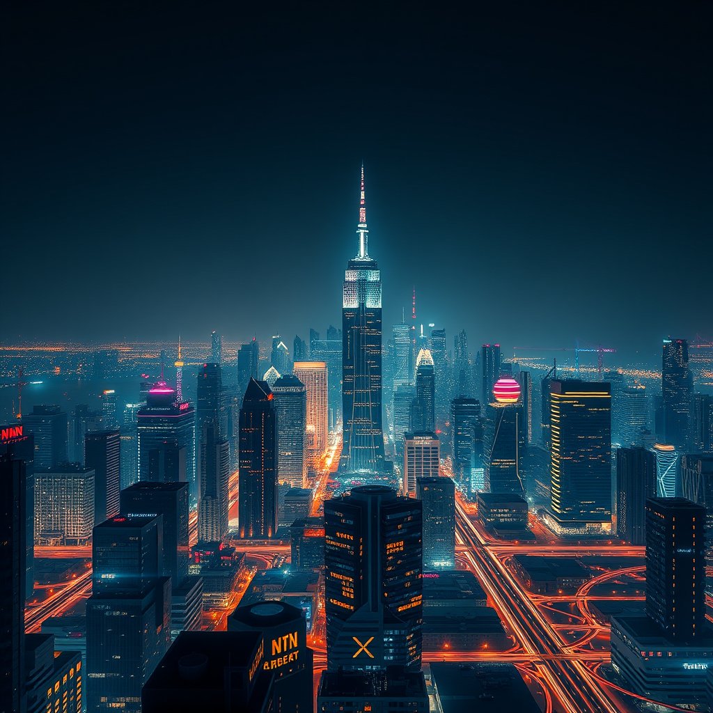 a futuristic city skyline at night with neon lights, minimalist composition, clean background, elegant