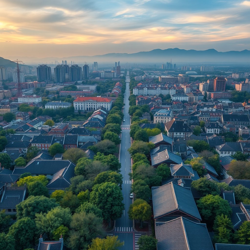 Photorealistic civilian drone aerial photo of Nanjing, with tree-lined boulevards, historic roof textures, city walls and modern districts. high wide drone panorama, neighborhoods, landscape and skyline, happy golden-hour light. Realistic Chinese architecture and terrain, believable scale. Conceptual, not onsite. No close people, aircraft, readable signs, text, logo, watermark, fantasy or extreme HDR., cinematic lighting, vibrant colors, dramatic atmosphere