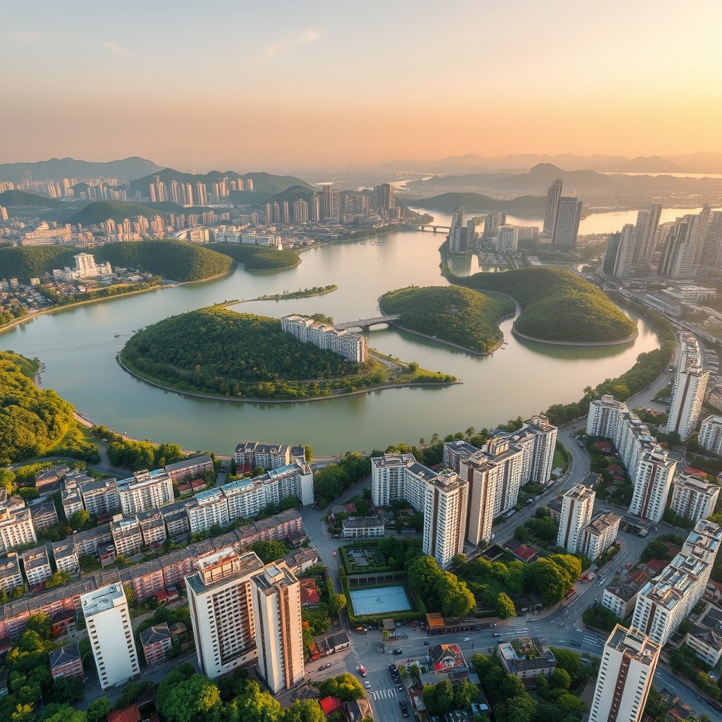 Photorealistic civilian drone aerial photo of Hangzhou, with West Lake atmosphere, waterways, green hills and elegant modern urban blocks. high wide drone panorama, neighborhoods, landscape and skyline, happy golden-hour light. Realistic Chinese architecture and terrain, believable scale. Conceptual, not onsite. No close people, aircraft, readable signs, text, logo, watermark, fantasy or extreme HDR., bright and airy, pastel tones, dreamy aesthetic