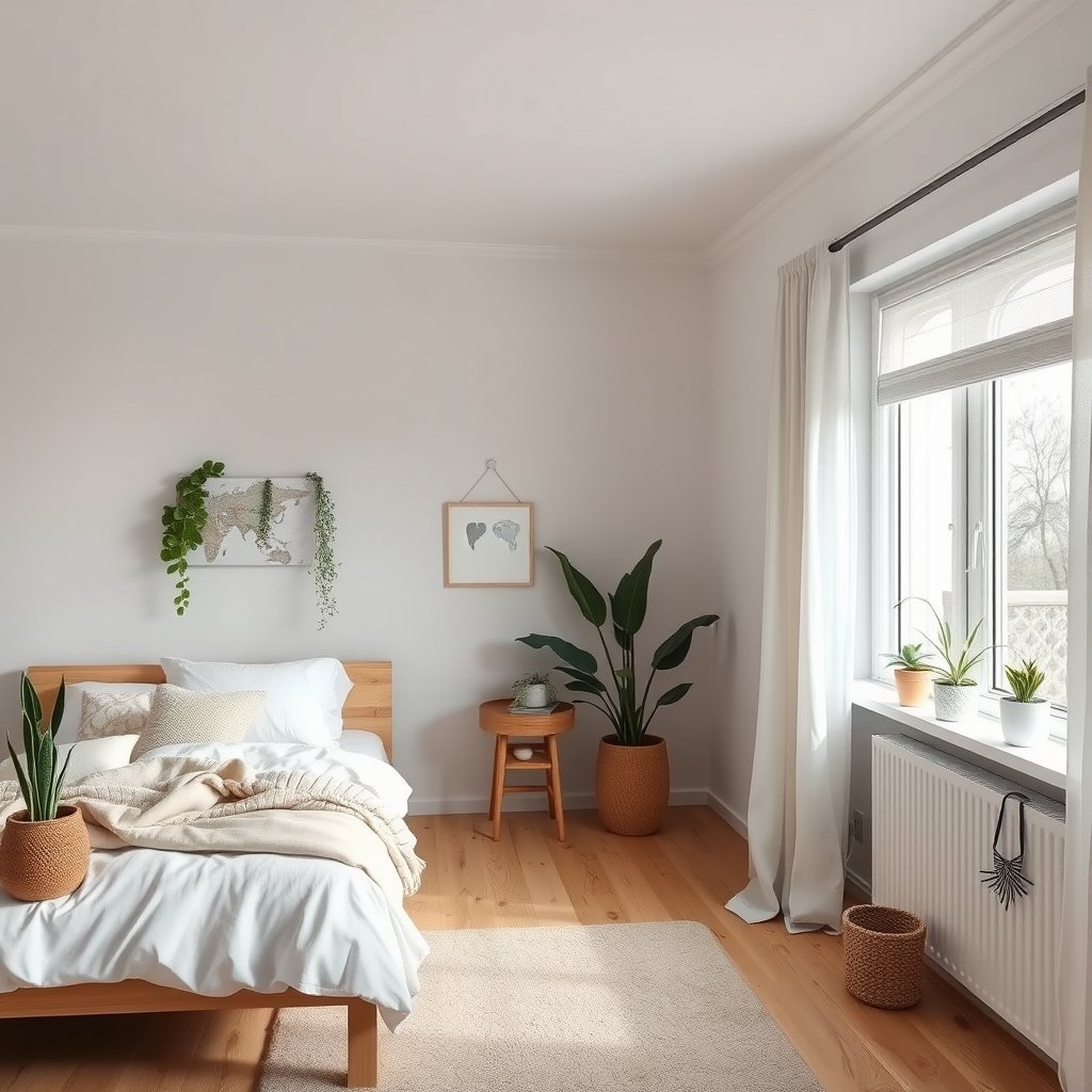 a scandinavian style bedroom with natural wood and plants, bright and airy, pastel tones, dreamy aesthetic
