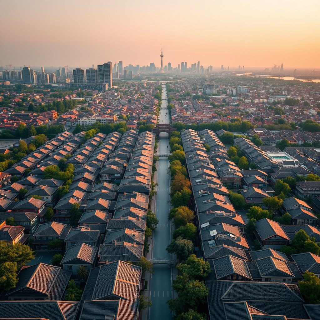 Photorealistic civilian drone aerial photo of Beijing, with hutong roof patterns, tree-lined avenues and a restrained modern skyline. high wide drone panorama, neighborhoods, landscape and skyline, happy golden-hour light. Realistic Chinese architecture and terrain, believable scale. Conceptual, not onsite. No close people, aircraft, readable signs, text, logo, watermark, fantasy or extreme HDR., golden hour lighting, warm tones, atmospheric