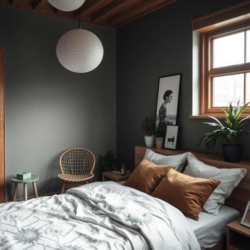 a scandinavian style bedroom with natural wood and plants, moody lighting, high contrast, fine art photography