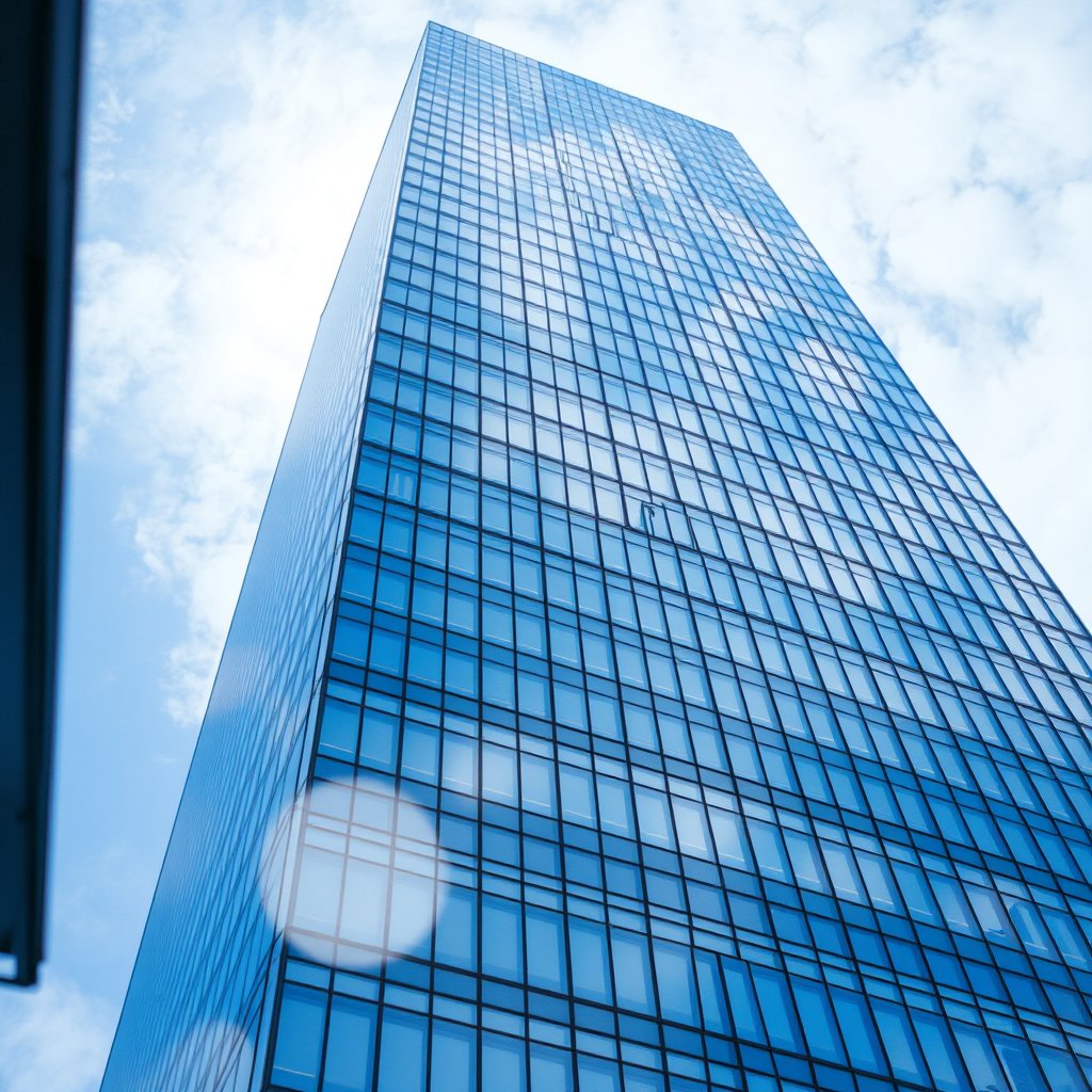 a modern glass skyscraper reflecting the blue sky, soft natural light, shallow depth of field, bokeh