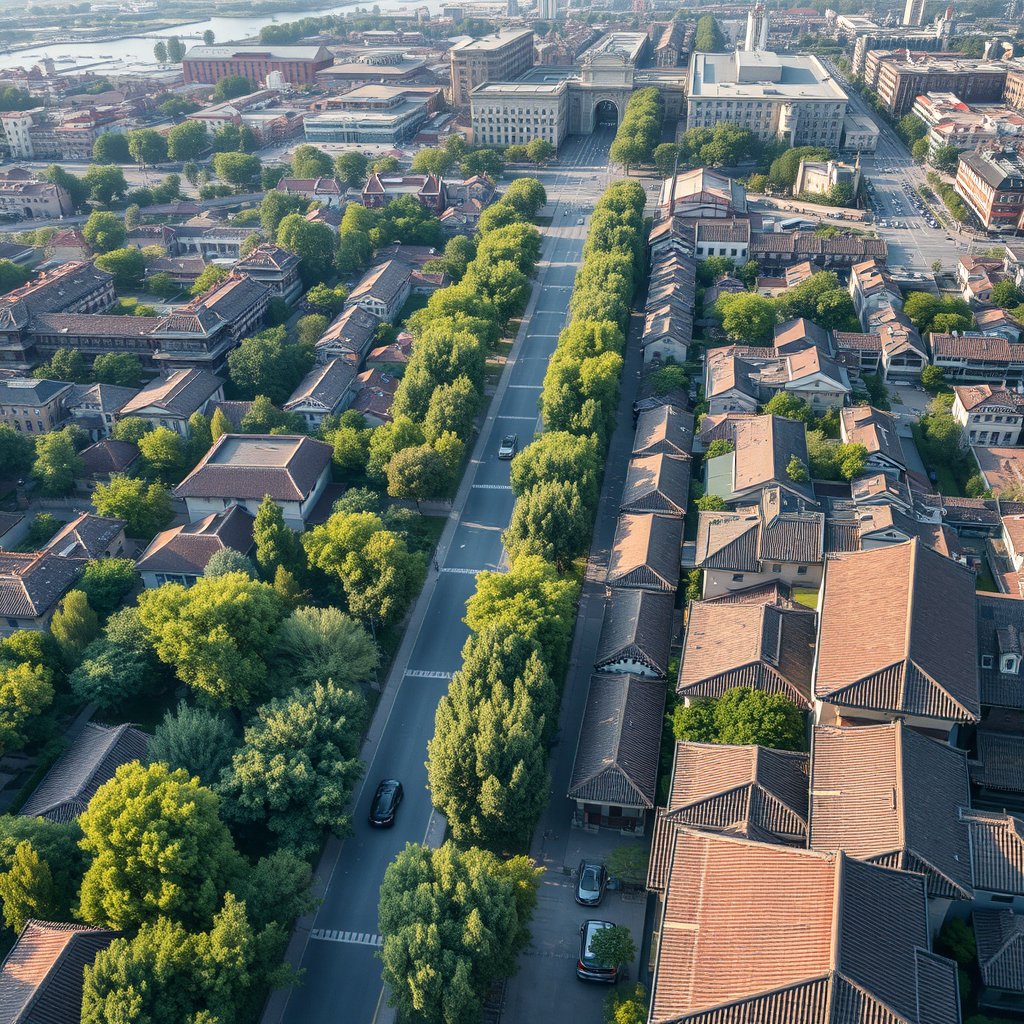 Photorealistic civilian drone aerial photo of Nanjing, with tree-lined boulevards, historic roof textures, city walls and modern districts. near-vertical top-down drone view, geometric streets, roofs, vegetation and water, natural midday light. Realistic Chinese architecture and terrain, believable scale. Conceptual, not onsite. No close people, aircraft, readable signs, text, logo, watermark, fantasy or extreme HDR., ultra realistic, crisp details, studio quality