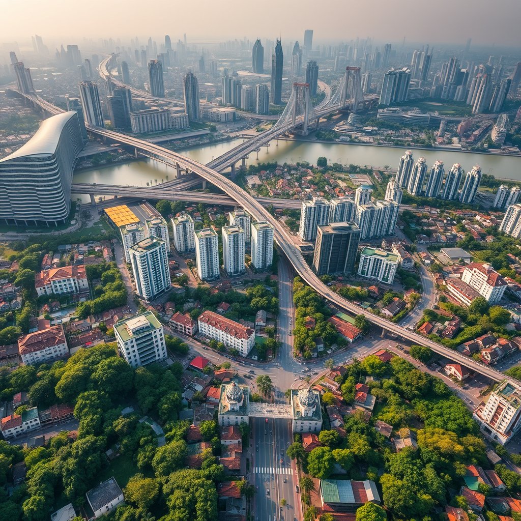 Photorealistic civilian drone aerial photo of Guangzhou, with subtropical greenery, Pearl River waterfront, bridges and a dense southern Chinese skyline. near-vertical top-down drone view, geometric streets, roofs, vegetation and water, natural midday light. Realistic Chinese architecture and terrain, believable scale. Conceptual, not onsite. No close people, aircraft, readable signs, text, logo, watermark, fantasy or extreme HDR., cinematic lighting, vibrant colors, dramatic atmosphere
