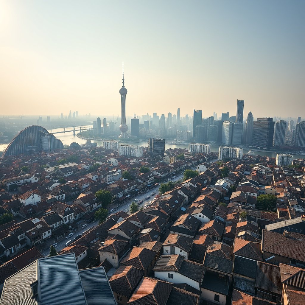 Photorealistic civilian drone aerial photo of Shanghai, with dense urban blocks, riverfront skyline, old lane houses and modern towers. 45-degree oblique drone view, rooftops, roads and a layered skyline, soft morning daylight. Realistic Chinese architecture and terrain, believable scale. Conceptual, not onsite. No close people, aircraft, readable signs, text, logo, watermark, fantasy or extreme HDR., minimalist composition, clean background, elegant