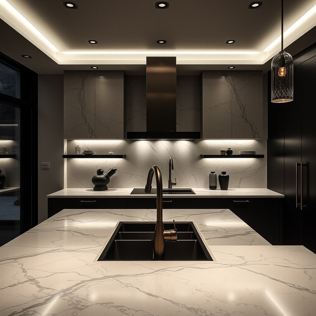 a luxurious modern kitchen with marble countertops, moody lighting, high contrast, fine art photography