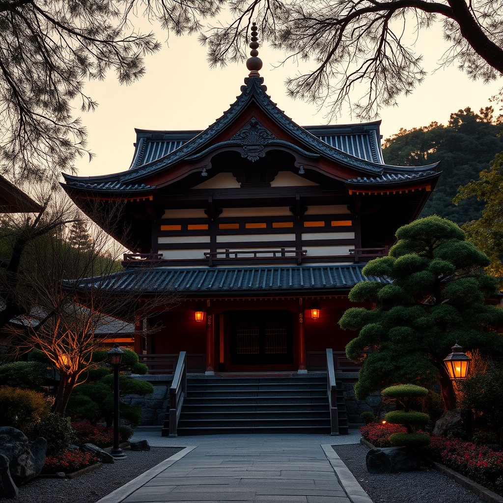 a traditional japanese temple surrounded by gardens, golden hour lighting, warm tones, atmospheric