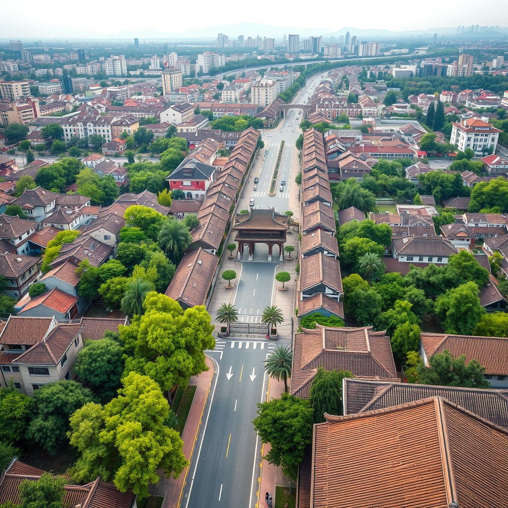 Photorealistic civilian drone aerial photo of Nanjing, with tree-lined boulevards, historic roof textures, city walls and modern districts. 45-degree oblique drone view, rooftops, roads and a layered skyline, soft morning daylight. Realistic Chinese architecture and terrain, believable scale. Conceptual, not onsite. No close people, aircraft, readable signs, text, logo, watermark, fantasy or extreme HDR., bright and airy, pastel tones, dreamy aesthetic