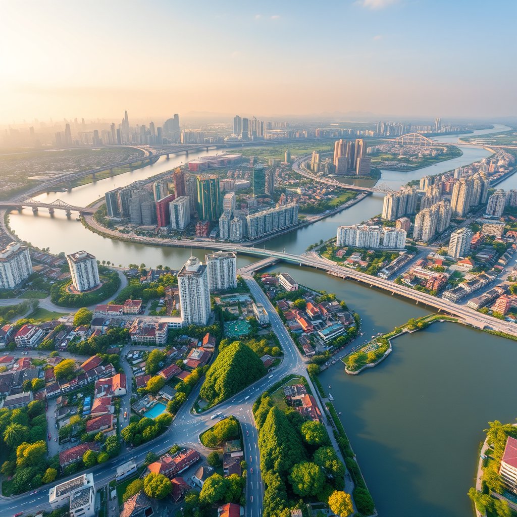 Photorealistic civilian drone aerial photo of Guangzhou, with subtropical greenery, Pearl River waterfront, bridges and a dense southern Chinese skyline. high wide drone panorama, neighborhoods, landscape and skyline, happy golden-hour light. Realistic Chinese architecture and terrain, believable scale. Conceptual, not onsite. No close people, aircraft, readable signs, text, logo, watermark, fantasy or extreme HDR., bright and airy, pastel tones, dreamy aesthetic