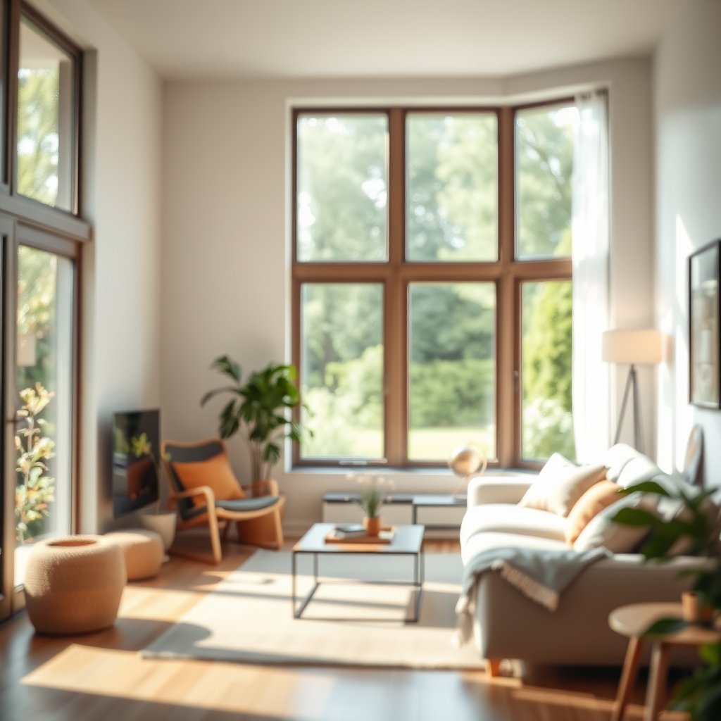 a cozy minimalist living room with large windows, soft natural light, shallow depth of field, bokeh