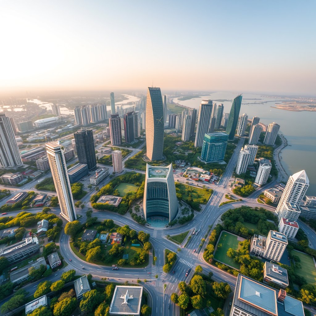Photorealistic civilian drone aerial photo of Shenzhen, with contemporary towers, green urban parks, broad roads and a southern coastal atmosphere. near-vertical top-down drone view, geometric streets, roofs, vegetation and water, natural midday light. Realistic Chinese architecture and terrain, believable scale. Conceptual, not onsite. No close people, aircraft, readable signs, text, logo, watermark, fantasy or extreme HDR., golden hour lighting, warm tones, atmospheric