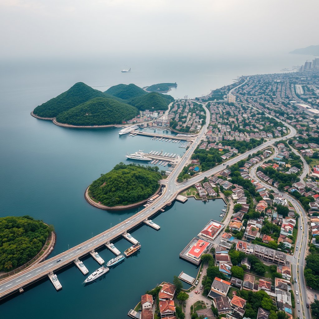 Photorealistic civilian drone aerial photo of Xiamen, with island coastline, tropical greenery, sea bridges and compact waterfront neighborhoods. near-vertical top-down drone view, geometric streets, roofs, vegetation and water, natural midday light. Realistic Chinese architecture and terrain, believable scale. Conceptual, not onsite. No close people, aircraft, readable signs, text, logo, watermark, fantasy or extreme HDR., moody lighting, high contrast, fine art photography