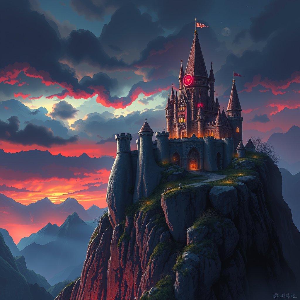 a digital illustration of a fantasy castle on a cliff, cinematic lighting, vibrant colors, dramatic atmosphere