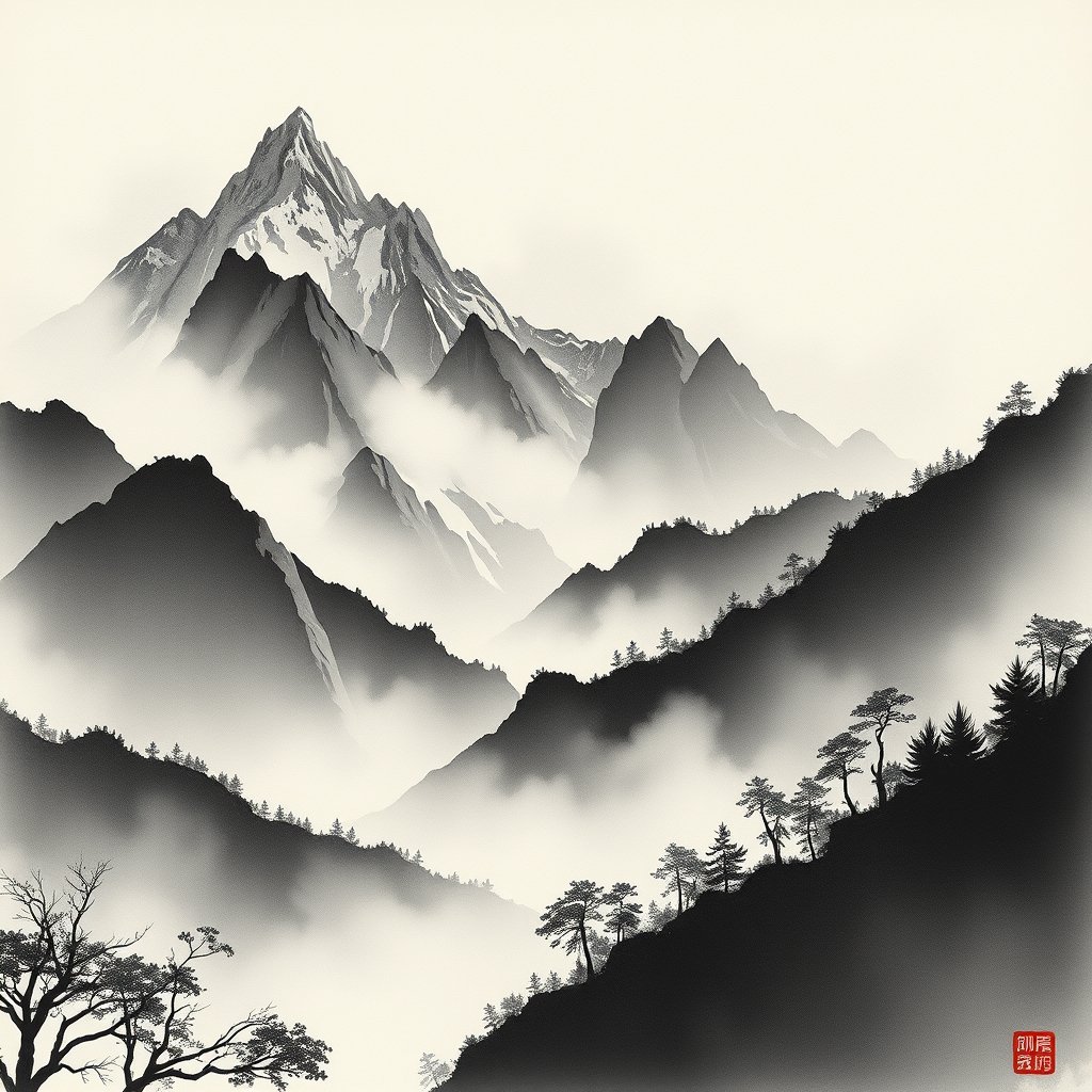 a japanese ink wash painting of mountains and mist, highly detailed, 8k, professional photography, sharp focus