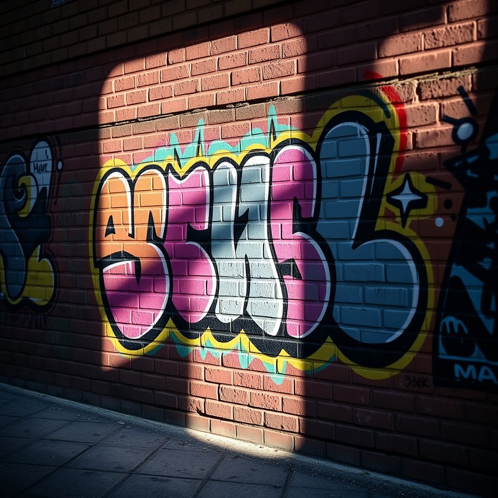 a colorful graffiti mural on a brick wall, soft natural light, shallow depth of field, bokeh