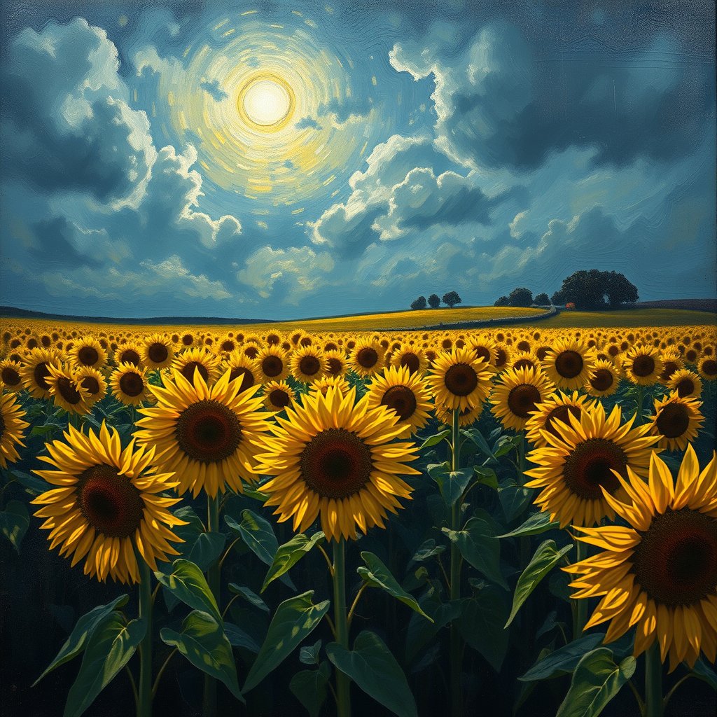 an oil painting of a sunflower field in van gogh style, moody lighting, high contrast, fine art photography