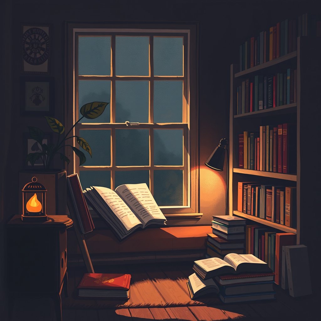 a cozy illustration of a reading nook with books, moody lighting, high contrast, fine art photography