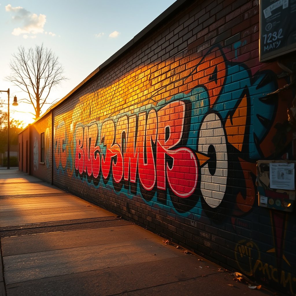 a colorful graffiti mural on a brick wall, golden hour lighting, warm tones, atmospheric