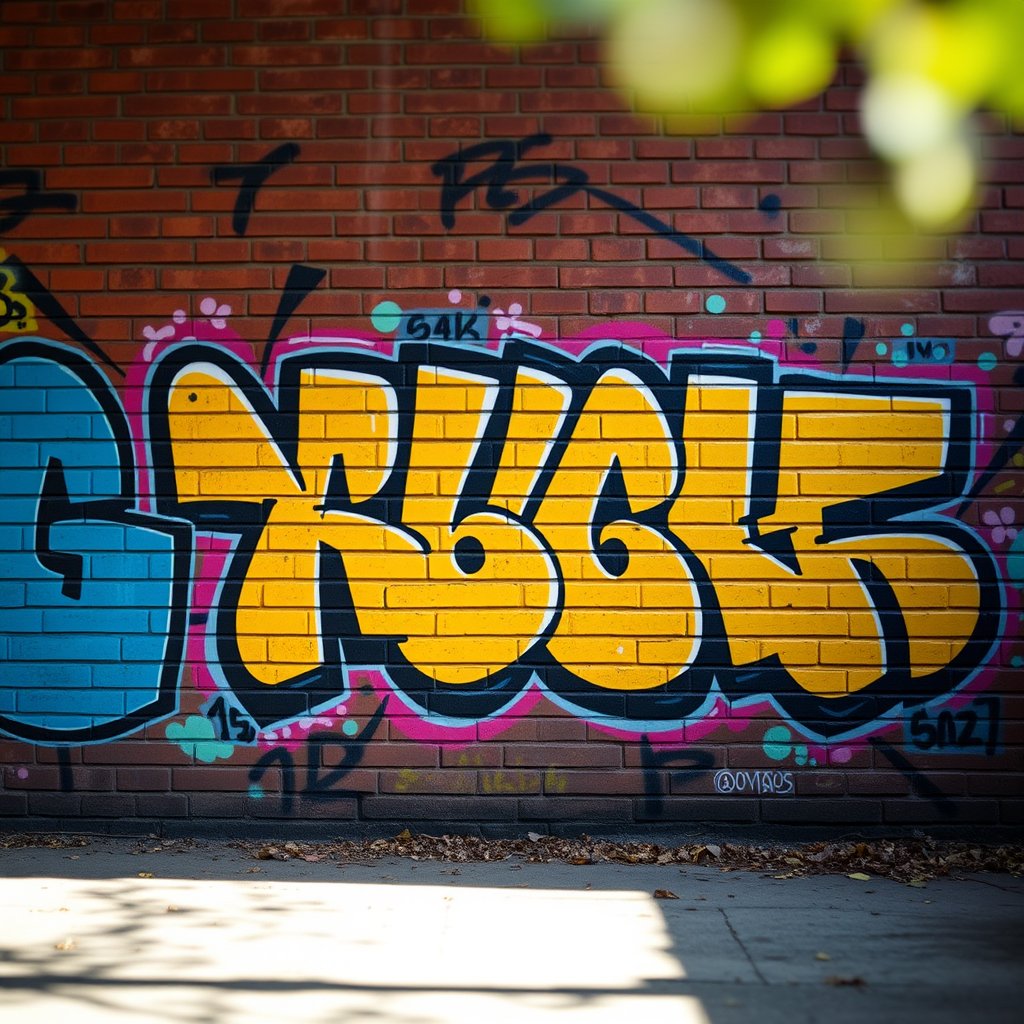 a colorful graffiti mural on a brick wall, soft natural light, shallow depth of field, bokeh