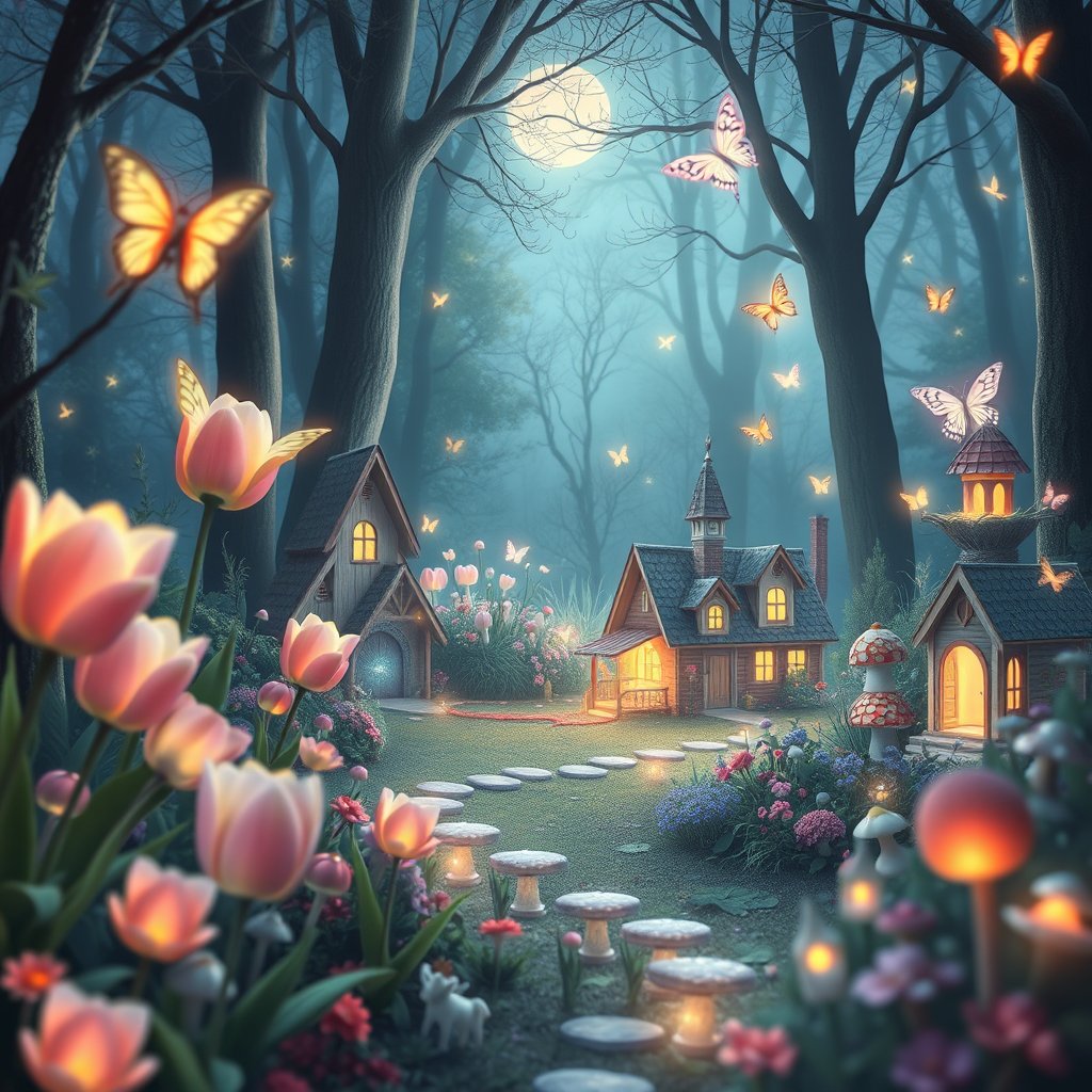 An enchanted fairy garden filled with glowing tulips, tiny magical houses, sparkling butterflies, floating lights, mushrooms, soft mist, moonlight filtering through trees, dreamy pastel colors, whimsical fantasy illustration, highly detailed, magical atmosphere, 4K, soft natural light, shallow depth of field, bokeh