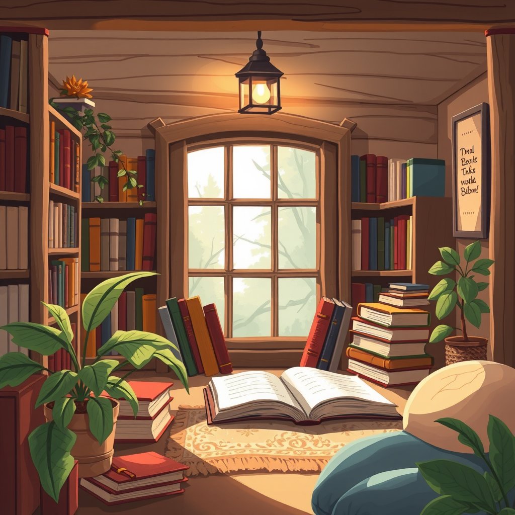 a cozy illustration of a reading nook with books, highly detailed, 8k, professional photography, sharp focus