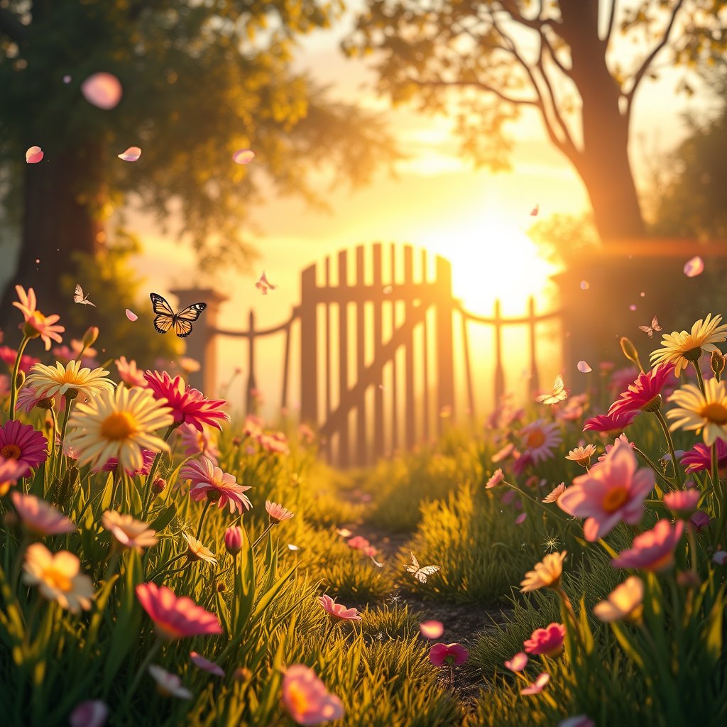 A dreamy magical garden at sunrise, glowing flowers, soft golden sunlight, colorful butterflies, floating flower petals, sparkling particles in the air, lush green grass, a beautiful wooden gate in the background, fantasy atmosphere, highly detailed digital art, cinematic lighting, soft pastel colors, 4K, ultra realistic, crisp details, studio quality