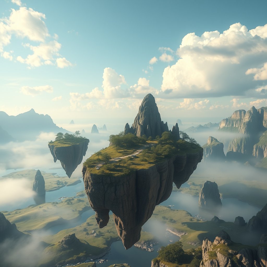 a surreal dreamlike landscape with floating islands, highly detailed, 8k, professional photography, sharp focus