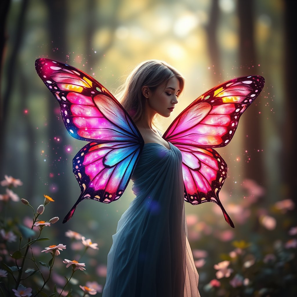 A young woman transforming into a beautiful butterfly, half human and half made of colorful butterfly wings, surrounded by flowers and glowing particles, magical forest background, symbolic of growth and transformation, fantasy digital art, intricate details, 4K., soft natural light, shallow depth of field, bokeh