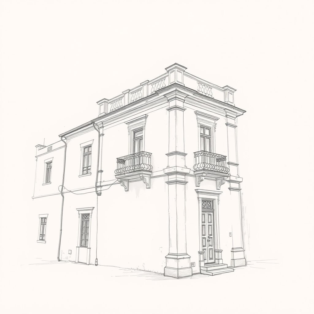 a detailed pencil sketch of an old building, bright and airy, pastel tones, dreamy aesthetic
