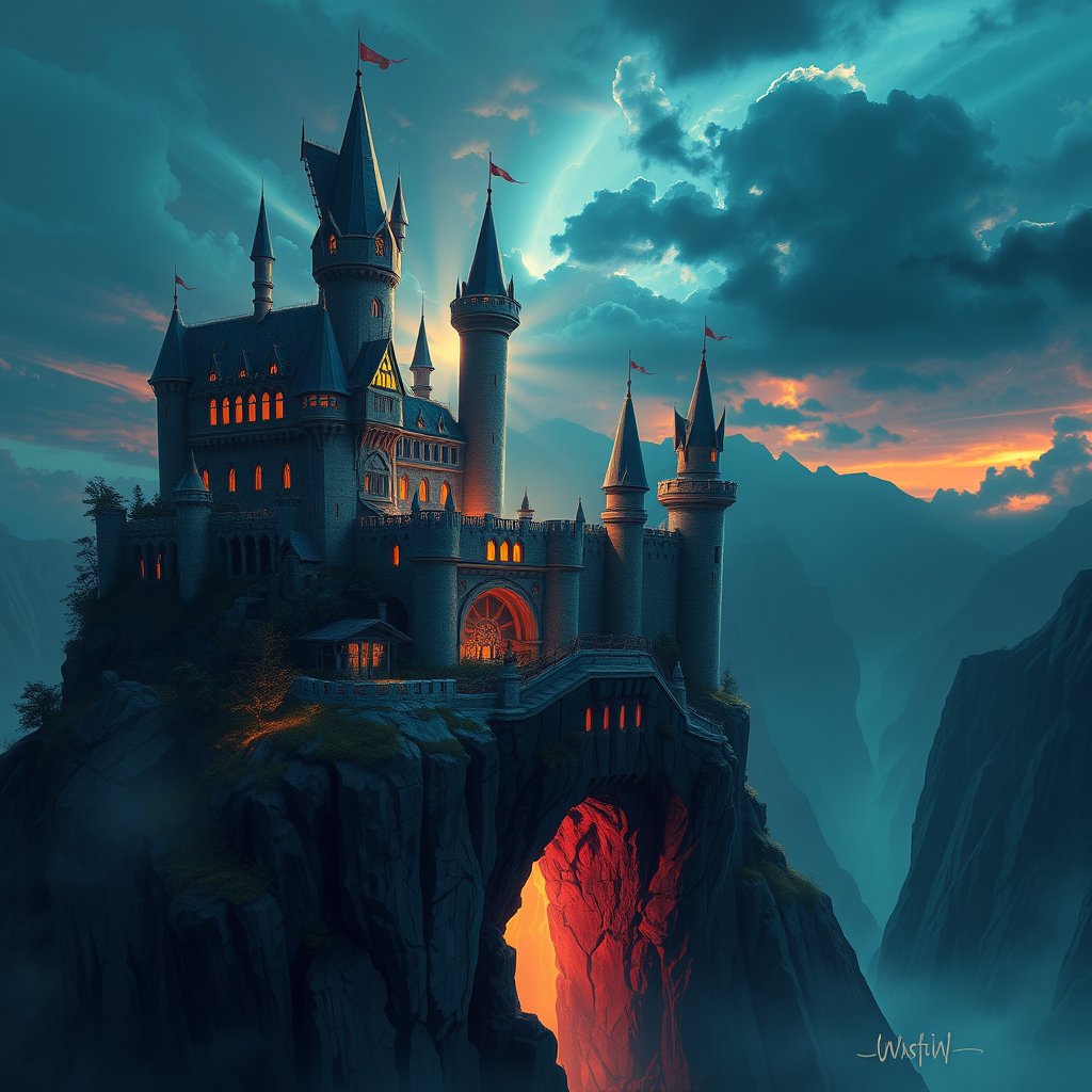 a digital illustration of a fantasy castle on a cliff, cinematic lighting, vibrant colors, dramatic atmosphere