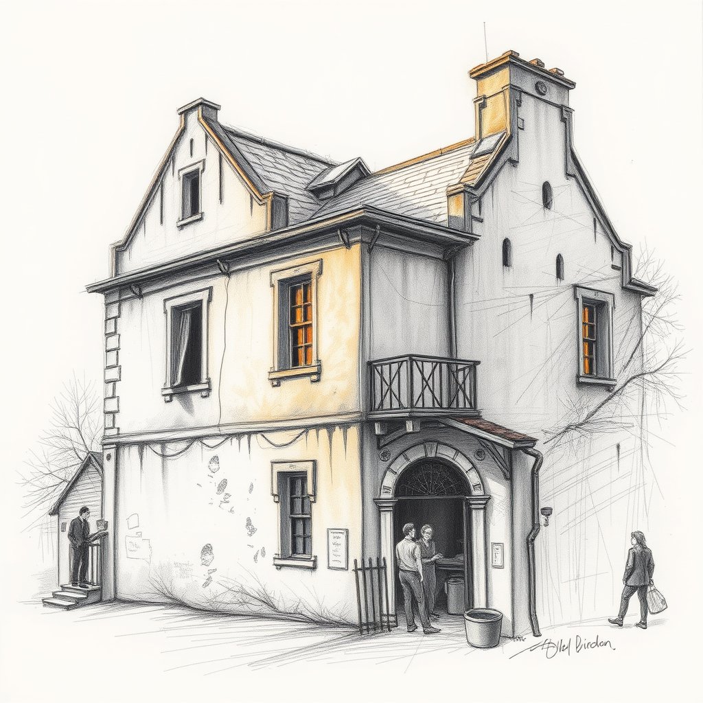 a detailed pencil sketch of an old building, golden hour lighting, warm tones, atmospheric