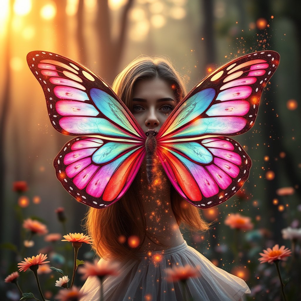 A young woman transforming into a beautiful butterfly, half human and half made of colorful butterfly wings, surrounded by flowers and glowing particles, magical forest background, symbolic of growth and transformation, fantasy digital art, intricate details, 4K., golden hour lighting, warm tones, atmospheric