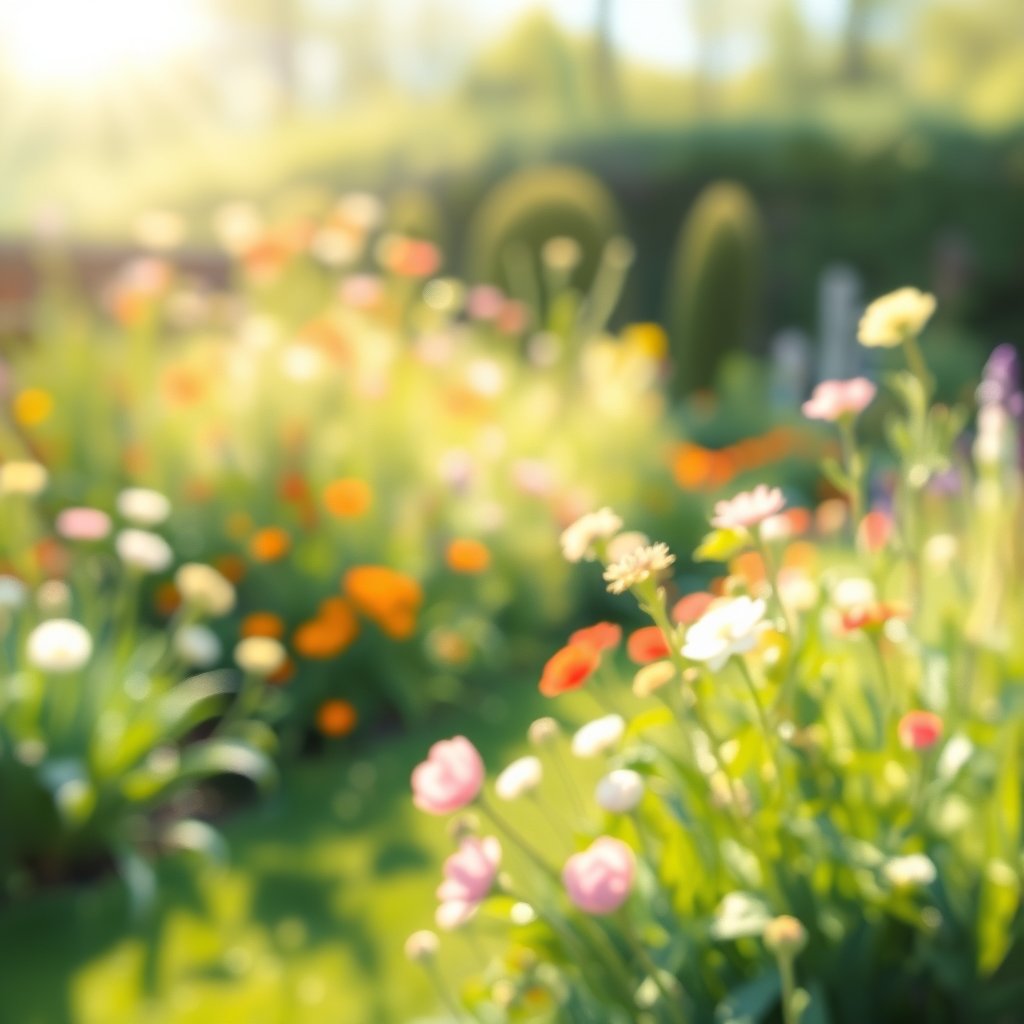 an impressionist painting of a garden in spring, soft natural light, shallow depth of field, bokeh