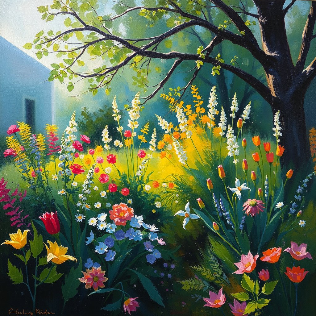 an impressionist painting of a garden in spring, moody lighting, high contrast, fine art photography