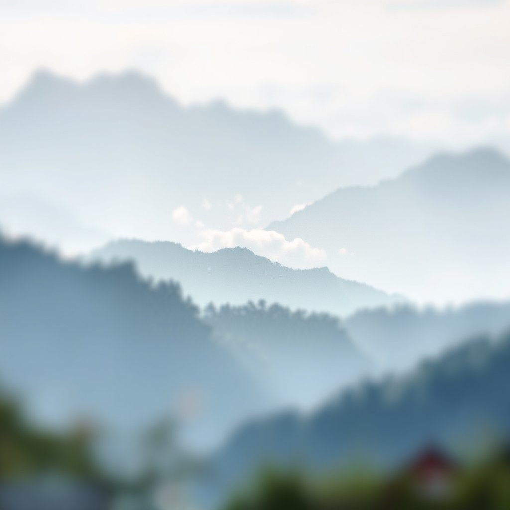 a japanese ink wash painting of mountains and mist, soft natural light, shallow depth of field, bokeh