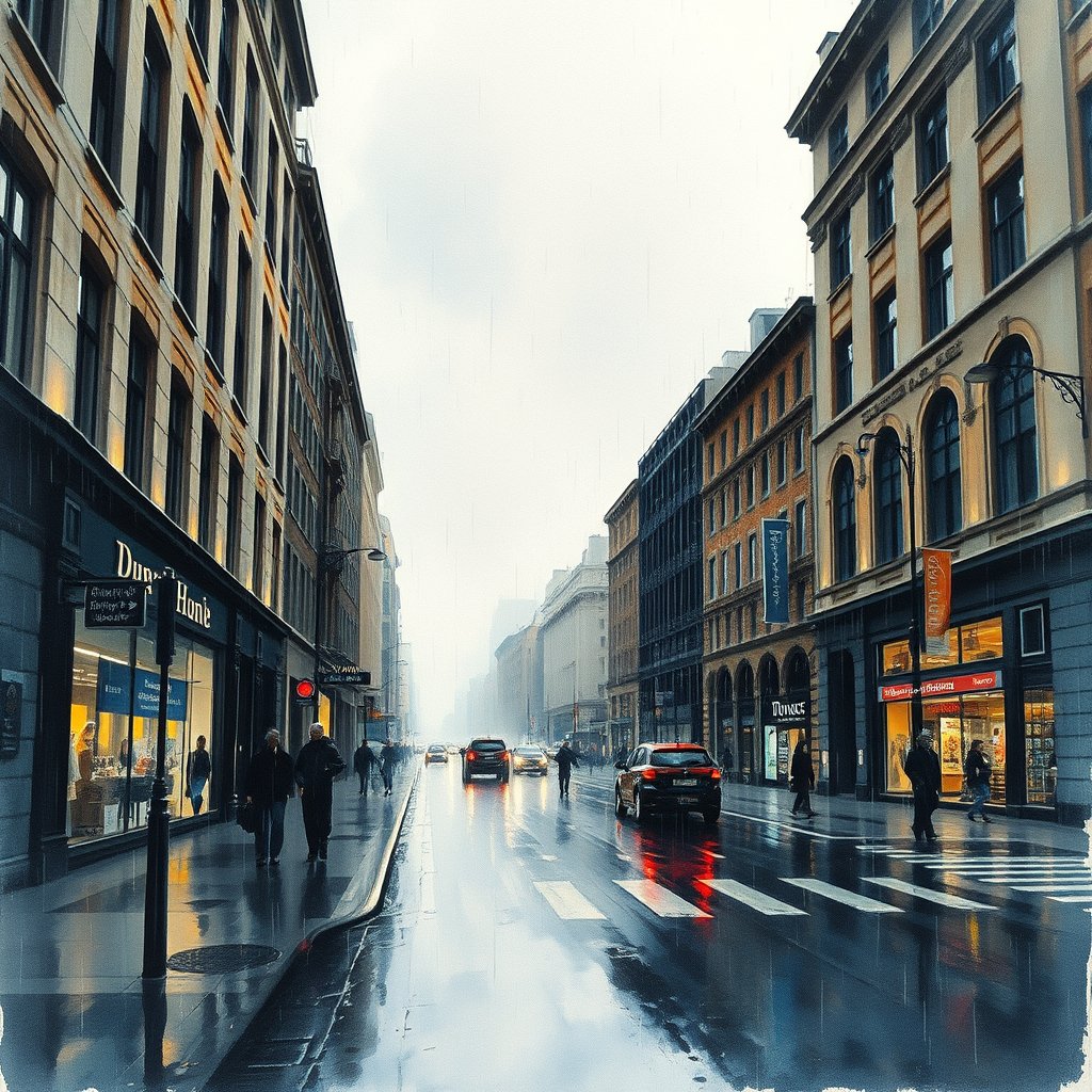 a watercolor painting of a city street in the rain, moody lighting, high contrast, fine art photography